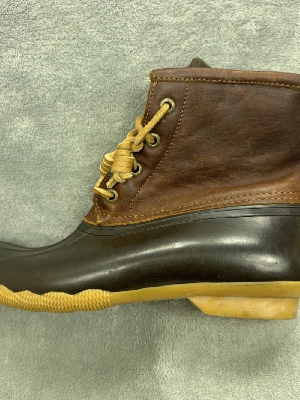 Sperry Saltwater Boots Women 7 Black Brown Leather Rubber Sole Lined Boating